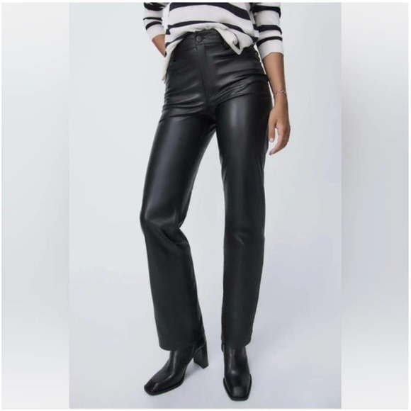 ZARA 90s Wide Leg Faux Leather Pants High Waist Trouser, Black - Picture 1 of 11